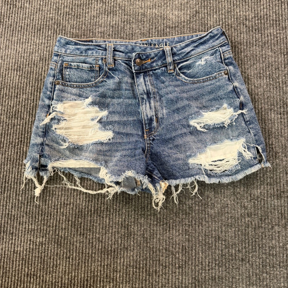 American Eagle Women Strigid Distressed Denim Shorts 8 Blue Frayed Hem